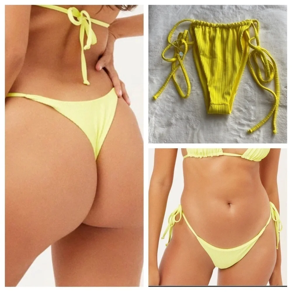 NWOT Frankie’s Bikinis yellow tie plisse ribbed thong bikini bottoms 12528